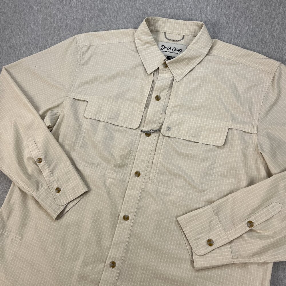Duck Camp Lightweight Fishing Shirt Mens XL Light Beige Grid Vented Zip Pocket
